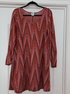 M by Missoni Rust and Pink Wave-Pattern Long Sleeve Dress